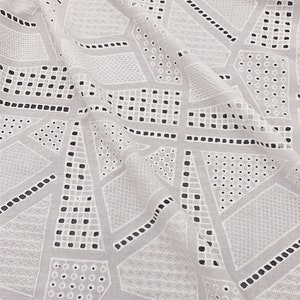 Geometric Shape Eyelet Embroidery on Cotton Voile - Ivory White Lace Fabric by The Yard - Kids&#39;  Sewing Crafts -Dress Fabric- SS220309-EMB27