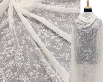 Queen Anne's Lace Polyester Broderad Chiffong, måttbeställd - Elfenbensvitt Broderat Spetstyg för Bröllop, Lätt Tyg - SS220309-EMB21