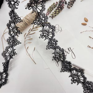 Puede incluir: Borde de encaje negro con un delicado patrón floral. El encaje se muestra sobre un fondo blanco.