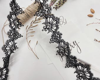 Black Floral Scalloped Guipure Lace Trim by The Yard - Polyester Sewing Ribbon Craft Dress - Vintage Border Trimming - SS240201-LACE06