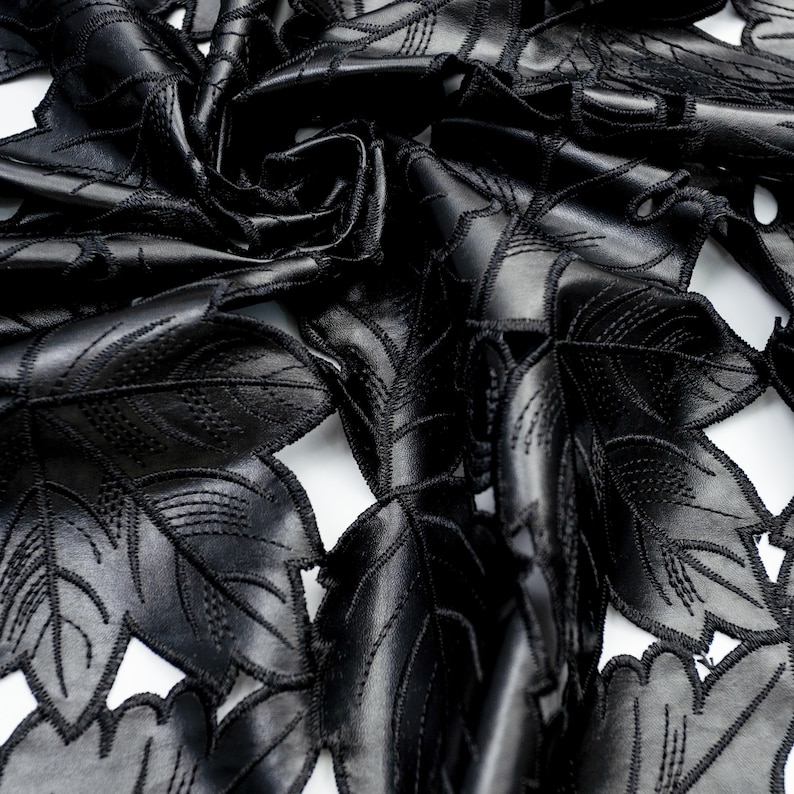 Black PU Laser Cut Leaf Lace Fabric by the Yard – High-fashion Designer ...
