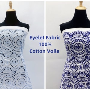 CLEARANCE - Blue Eyelet Embroidered Fabric With Scalloped Edge -100% Cotton Voile Sewing Fabric by The Yard -Lace for Dress - SS220309-EMB25