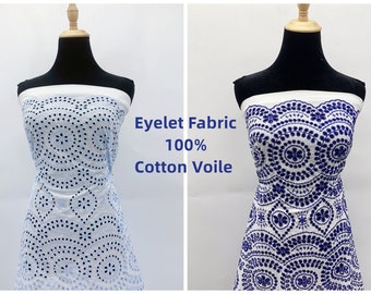 LIQUIDACIÓN - Tela bordada con ojales azules y borde festoneado - Tela de voile 100 % algodón, cortada a medida - Encaje para vestidos - SS220309-EMB25