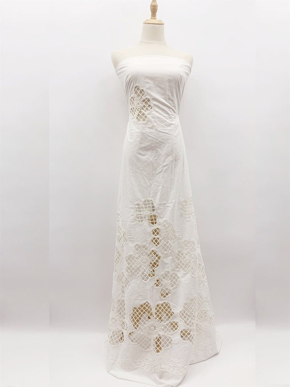 CLEARANCE - Laser-cut Floral Embroidery on White Cotton Voile - Wedding Lace Fabric by The Yard - Designer Couture Fabric - SS220310-EMB13