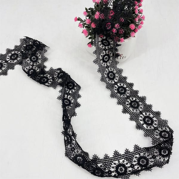Adorno de encaje vintage bordado en negro cortado a medida - Cinta de poliéster para coser - Encaje de pestañas - Adorno de encaje de guipur ancho - SS240201-LACE03