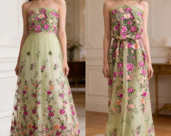 Green Floral Embroidery Mesh Fabric - Sheer Polyester Lace With Pink Flowers And Scalloped Edge For Dresses And Couture - SS230204-EMB25