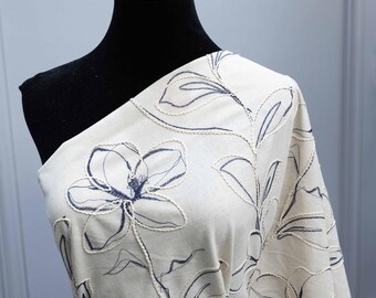 Floral Corded Embroidery on Ivory White Cotton Fabric - Dress Sewing Fabric by The Yard - Wedding Fabric - Wholesale Fabric - SS250310-EMB08