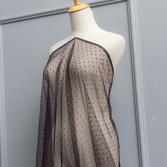 Black Mesh Fabric with Red Flocked Dots - Luxury Sheer Embroidered Fabric  by the Yard - Couture Tulle for Dress Sewing - SS220216-FLOCK16