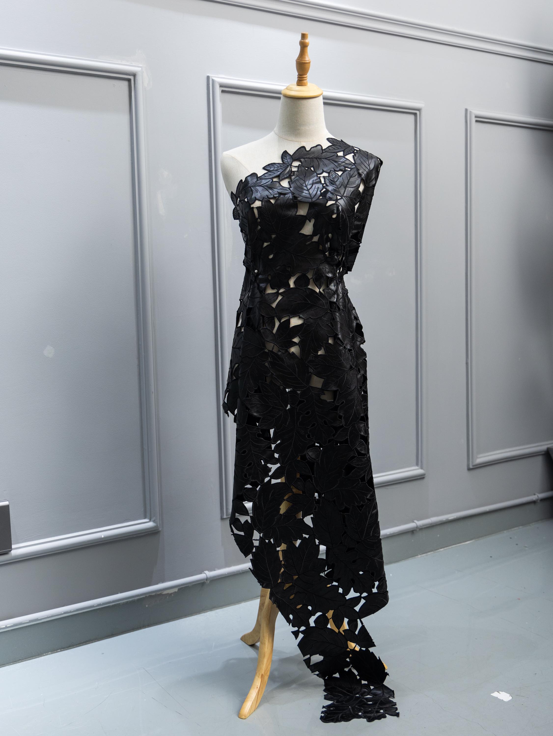 Black PU Laser Cut Leaf Lace Fabric by the Yard – High-fashion Designer ...