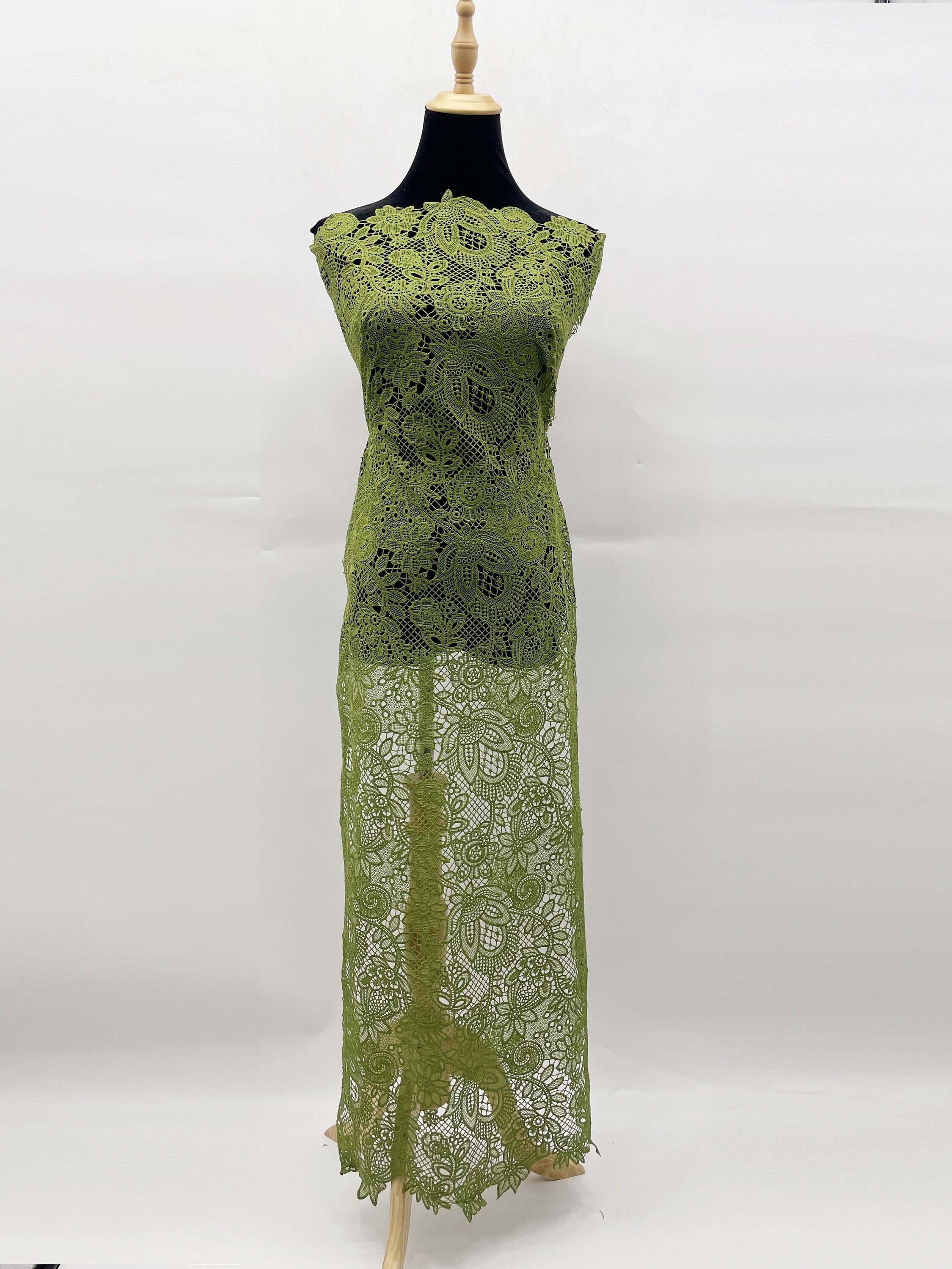 green emerald velvet dress BABARONI Lace and Chiffon Short Dress with Half Sleeves Olive Green, Olive Green / US0 main image 1