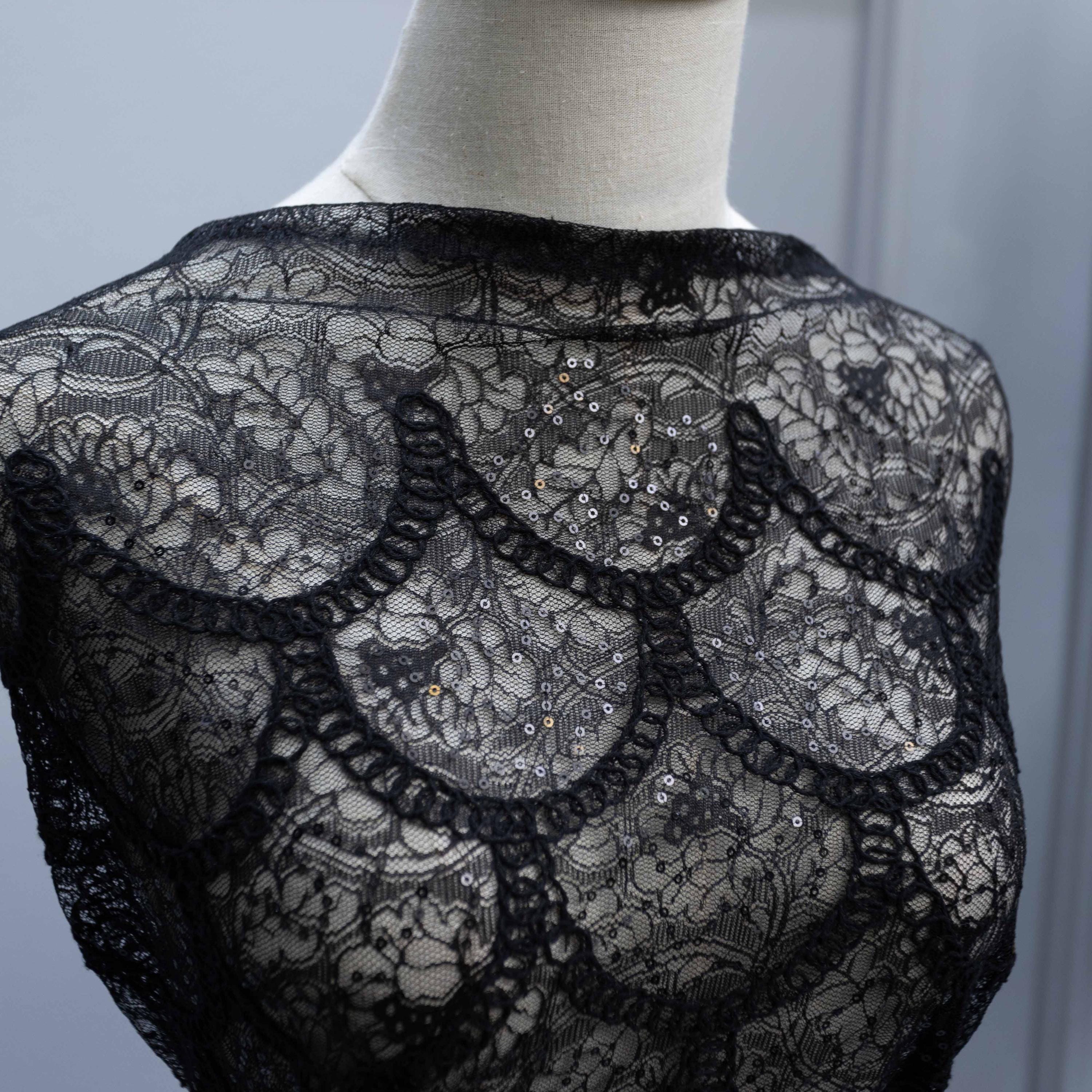 Black Fish-scale Pattern Corded Embroidery Lace Fabric With Sequins ...