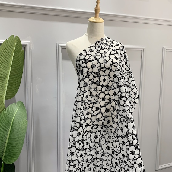 Black Flocking Flowers Embroidered Organza - Mesh Fabric by The Yard - Dress Sewing Material - Polyester Upholstery Fabric - SS230629-EMB11