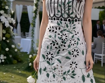Motif feuilles sur voile de coton blanc avec détails fins - Tissu brodé par mètre - Tissu de mariée - Matériel de couture - SS220407-EMB19