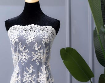 Light Beige 3D Flowers Wedding Lace Embroidered Mesh - Bridal Gown Lace Fabric by The Yard - Dress Craft - Sewing Material - SS240813-EMB10