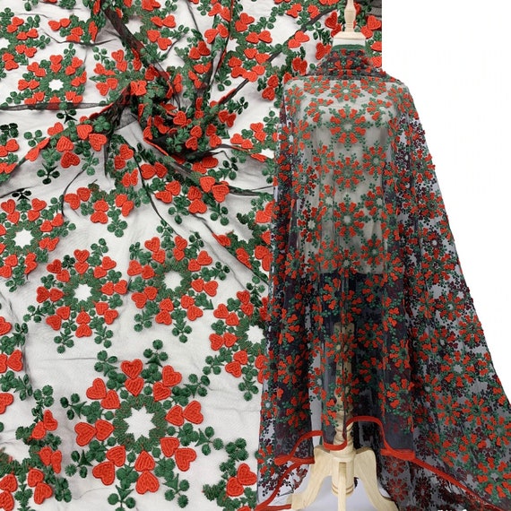 CLEARANCE - Red/Green 3D Floral Embroidery Mesh - Lace Fabric by Yard - Lightweight Fabric for Sewing - Party Dress Fabric - SS211225-EMB10