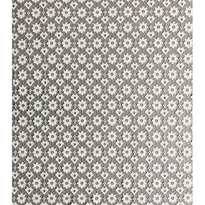 May include: White lace fabric with a repeating pattern of small flowers. The flowers have a peace sign design in the center.