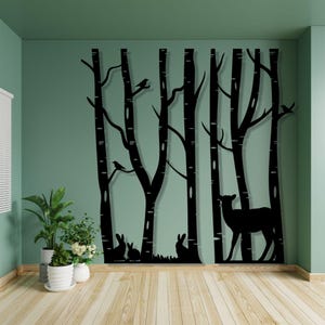 Foresta, fauna selvatica, vita naturale, alberi e animali, decorazione da parete in metallo, cartello con 6 alberi, decorazione per la casa, arte da parete in metallo naturale, regalo diverso