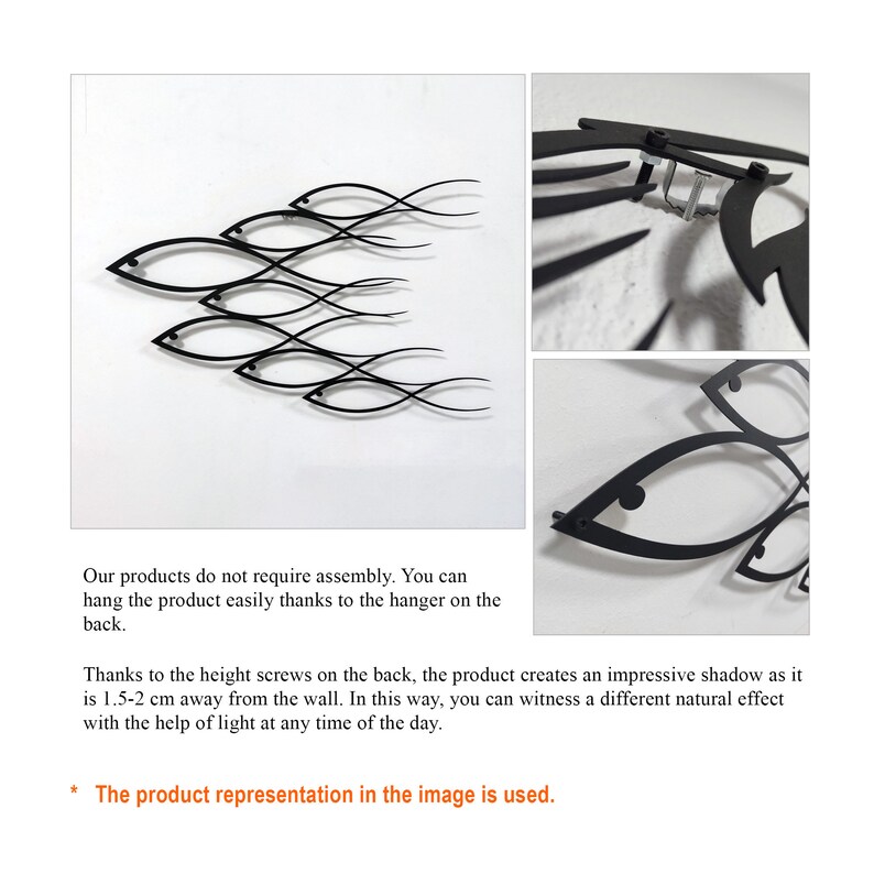 Peut inclure: Sculpture murale en m&eacute;tal noir repr&eacute;sentant un banc de poissons. Les poissons sont dispos&eacute;s en ligne, le plus grand en t&ecirc;te et le plus petit &agrave; l'arri&egrave;re. Tous les poissons sont orient&eacute;s dans la m&ecirc;me direction. La sculpture est fix&eacute;e sur un mur blanc. La repr&eacute;sentation du produit sur l'image est utilis&eacute;e.