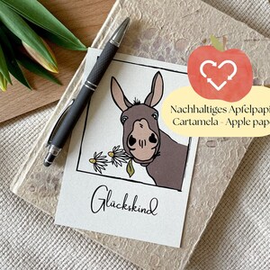 Biglietto d'auguri a forma di asinello bambino fortunato | Carta Asino Amore | Congratulazioni | carta bambini carini | cartolina di carta di mele prodotta in modo sostenibile
