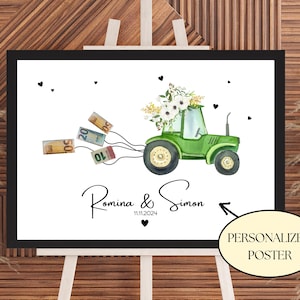 Gepersonaliseerd geldcadeau voor een bruiloft op het platteland | DIY geldcadeau voor een bruiloft | Digitaal product | Groene tractor bruiloftsposter | Boerenbruiloft