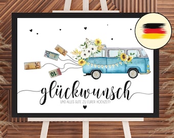 Cash gift wedding VW bus | Printable wedding card with VW bus | Creative A4 cash gift for camper & travel fans Boho Wedding Gift Van