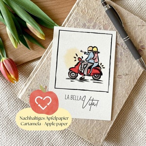 Cartão de felicitações La Bella Vita | Mapa Bella Italia | cartão fofo da Vespa | Mapa de viagem Roadtrip | cartão postal de papel de maçã produzido de forma sustentável