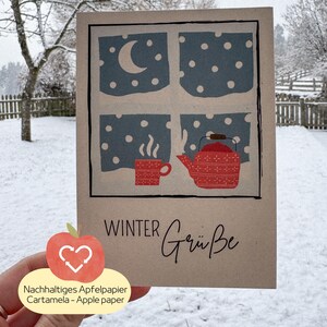 Tarjeta de felicitación de invierno con mensaje "Tea Love" Tarjeta Amor de Invierno| Tarjeta de felicitación Hygge | Tarjeta de té Lagom | Postal hecha con papel de manzana producido de manera sostenible