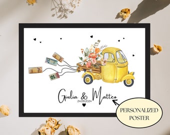 May include: A yellow vintage truck with a floral arrangement in the back, carrying money bills. The truck is on a white background with black hearts and the text "Giulia & Matteo 24.09.2024" below the truck. The text "PERSONALIZED POSTER" is in a circle below the image.