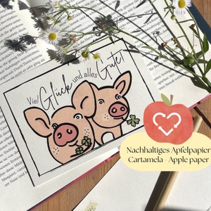 Buona fortuna e auguri per il meglio | Carta Maiale | Maiale fortunato illustrato | Carta Bambini carino | cartolina animale carta mela sostenibile