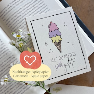 Cartão postal de gelato | Cartão infantil fofo | Cartão postal de animais de papel de maçã produzido de forma sustentável sorvete | Cartão de Verão Sorvete