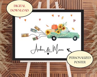 May include: A personalised poster with a watercolour illustration of a vintage teal truck laden with pumpkins and sunflowers. The poster includes the names "Amber & Manu" and the date 29.08.2025. The words "DIGITAL DOWNLOAD" and "PERSONALIZED POSTER" are also included.