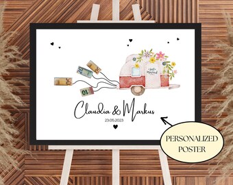 May include: A white and red camper van with a floral wreath and the words "Just Married" on the side. The van is pulling a string of money with the numbers 10, 50, 20, and 50 visible. The text "Claudia & Markus 23.05.2023" is below the van. The words "Personalized Poster" are in a circle at the bottom right of the image.