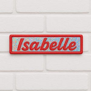 Personalized Name Patch, hook and loop, Holographic, Shiny, Glitter, Iron on Embroidery Name tag, Stitched Badge