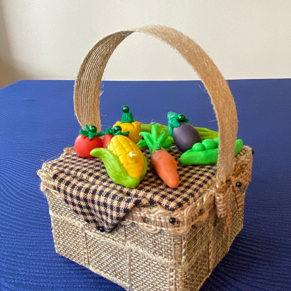 Basket ornament, Gardener gift, Farm stand tiered tray accent, Summer harvest mini basket decor, Shelf or mantel display