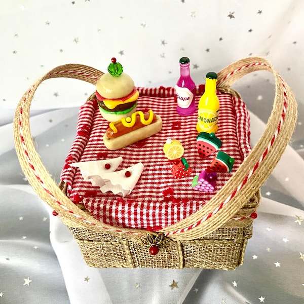 Picnic basket ornament, Handmade woven decor, 4th of July patio, Holiday hostess gift, Tiered tray accent, Garden party favor