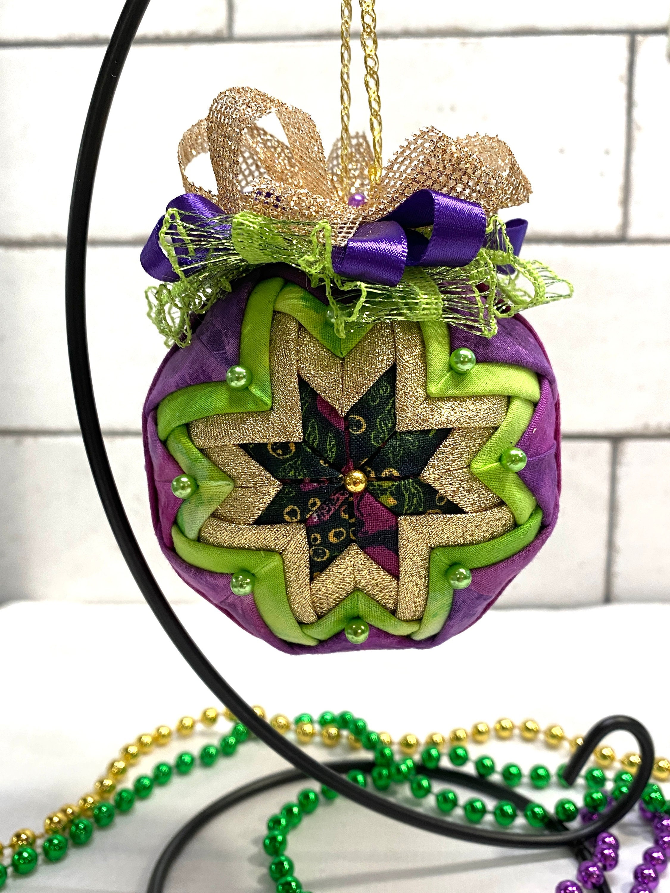 Mardi Gras Ornaments Decor Tree 10 Set Lot 2.65” Green Purple Gold
