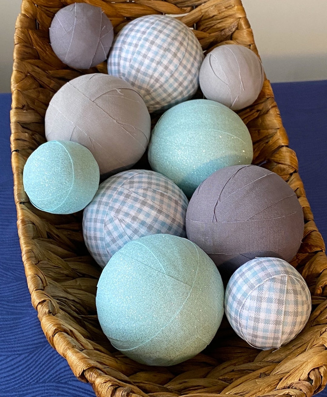 Blue and Gray Dough Bowl Fillers, Pastel Fabric Balls, Basket or Vase