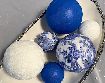Chinoiserie Style Bowl Fillers, Blue and White Toile de jouy style decor balls, Dough bowl baubles, Porcelain Timeless decor