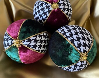 Christmas Decor Balls, Houndstooth, Burgundy & Green Velour Holiday Display, Set of 3 Centerpiece, Chic Minimalist Rag Balls