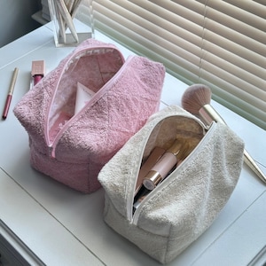 Handgemachte Rosa Creme Frottee Make-up Tasche, Kosmetiktasche
