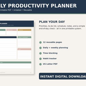 Può includere: Un pianificatore di produttività giornaliero in PDF stampabile con un sistema di 12 pagine non datate. Il layout include sezioni per data, focus, priorità, lista delle cose da fare, programma e note, con colori blu navy, verde salvia e rosa tenue.