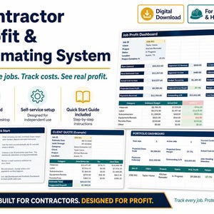 Può includere: Un sistema digitale di stima e profitto per appaltatori in Microsoft Excel. Il layout include una dashboard dei profitti, un esempio di preventivo cliente e una dashboard di portafoglio con tabelle dati, metriche e una guida rapida.