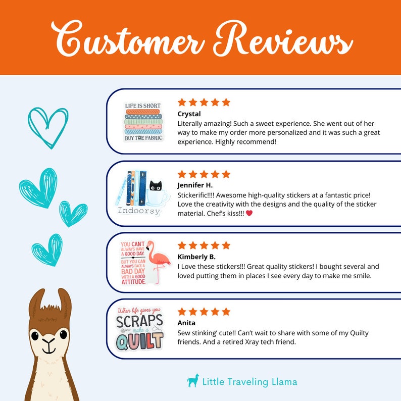 May include: Customer reviews for a shop called "Little Traveling Llama". The reviews are positive and feature five-star ratings. The reviews are for various products, including fabric, stickers, and quilting supplies.