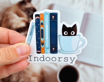 Indoorsy Sticker, Indoor sticker, Bookish sticker, cat sticker, sticker for introverts, Waterproof Vinyl Sticker, Coffee and Book sticker