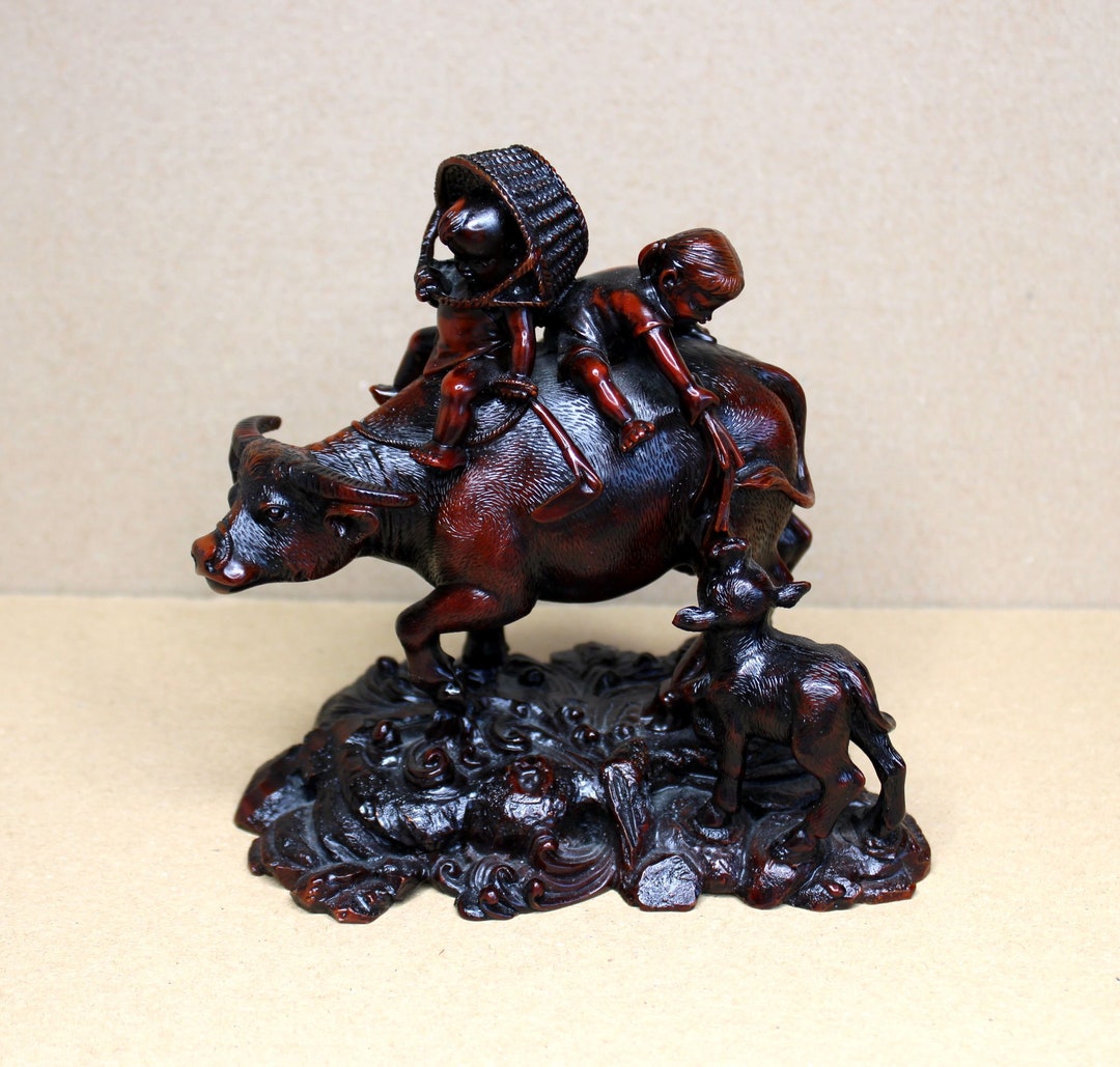 Vintage Chinese Shou Shan Stoneware Kids on Top of a Water Buffalo Deep