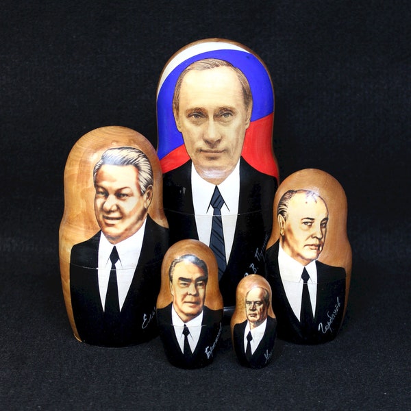 Vintage Hand Painted Soviet Russian Leaders 5-Piece Matryoshka / Nesting Dolls