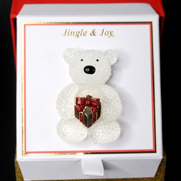 Polar Bear with a Gift Festive Holiday Brooch in Gi ft Box NEW Holiday Accessory