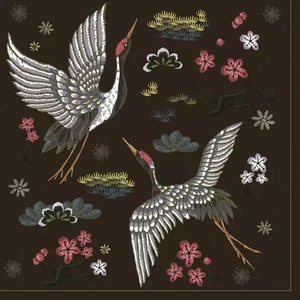 Embroidered Cranes on Black Background 2x Paper Napkins for Decoupage and other Crafts