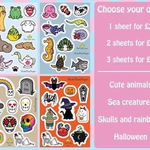 A5 Papier Stickerbogen | Niedliche Tiere | Meeresbewohner | Totenköpfe und Regenbögen | Halloween | Kawaii Aufkleber | Niedliche Aufkleber | Geschenk | Zeitschrift
