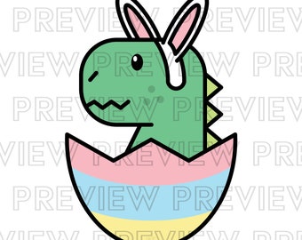 May include: A green dinosaur with bunny ears hatching from a pastel-colored egg. The egg is striped with pink, light blue, and yellow.